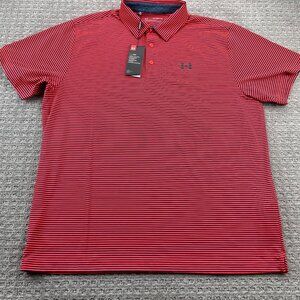 New Under ARMOUR Golf Shirt Men 2XL Neon Orange Navy Blue Stripes Heat Gear NWT